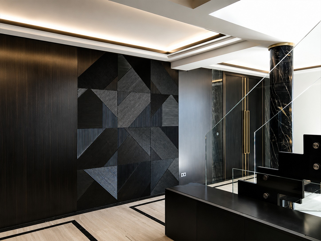 Architectural luxury interior design with custom dark wood doors and marble flooring in Nice by Chiodelli Arte